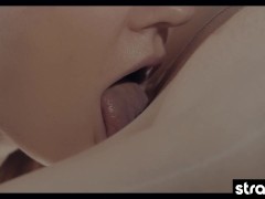 Watch cute lesbian take doggy style squirting strapon fucking