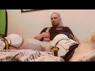 Wank in Hockey Shinpads Soccer Cleats and Hockey Gloves