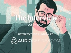 Rubbing her tits during the interview, she cums all over herself