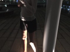 Pantyless in public wearing see through shirt and skirt