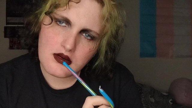 Plus size trans woman sucks on some candy and plays with herself