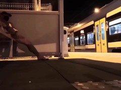 Risky, at the train station, completely naked, I jerk off and wait for the train.