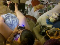 Roommate stands over me from behind and films down my blouse while I smoke and play video games