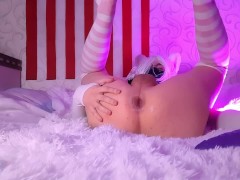 Femboy maid fucks herself with a dildo, with creampie