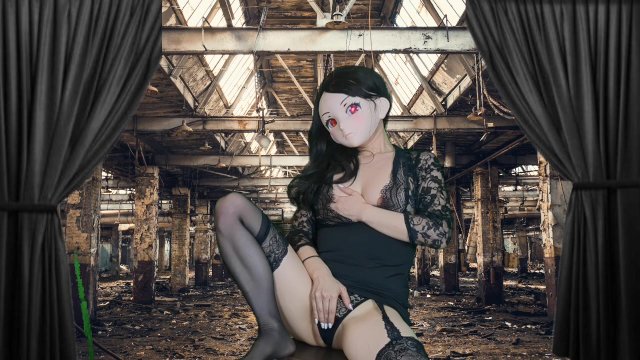 HENTAI Aibu。廃墟。セクシーな衣装。自分の指でオナニー。