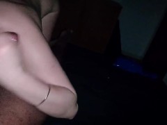 Greedy brunette swallows the balls while masturbating the big dick