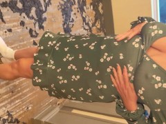Horny milf flashes upskirt ass pussy and tits in hotel hallway