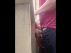 Babysitter jerks cock off on the patio during a busy day