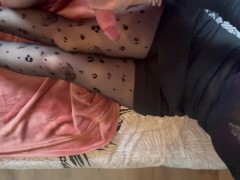 I jerk him off until he cums on my tights