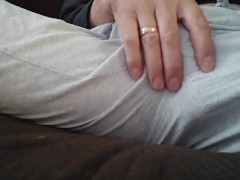 So HARD! Teasing my cock in grey pants while my wife cooks. What would you do if you caught me?🫢