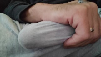 So HARD! Teasing my cock in grey pants while my wife cooks. What would you do if you caught me?🫢