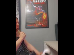 Femboy sucks dildo while using her flashlight