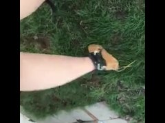 Walking in my hand made moccasins from a kit.