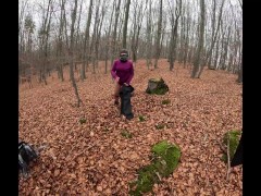 I'm quickly pissing in the autumn forest on a long hike, we are in a hurry