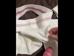 Big dick guy covers jock straps with cum for his horny buyers