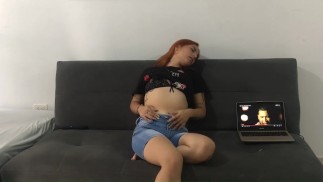 I finger my pussy until I have an orgasm in my boyfriend's living room.