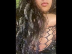 Cock depraved whore shows off tits in fishnet outfit