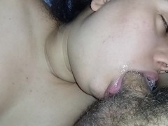 The bitch's blowjob goes deep on the hard cock, sucking and licking it to the core