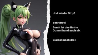 deine Herrin lässt dich als Gummischwanz für Sie abspritzen