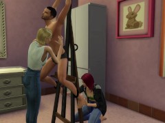 Two lesbians tie up and tickle a boy