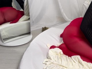 Stretching in Red Tights without Panty