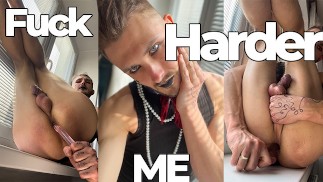 Tattooed twink femboy goth act an anal masturbation with a dildo at the window sill.
