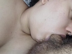 the bitch's mouth bubbles all her spit deep into the hard and excited cock