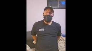 Buckling leather chin strap gag and blindfold