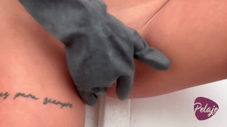 The maid is caught masturbating with the mop in public by the neighbors, she wants to fuck everyone