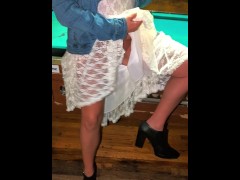 Flashing my full pussy to some random guys watching at the bar