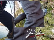 Gay Asian twink Jon Arteen wanks outdoor winter risky, ruined orgasm, big cumshot cleans sperm thigh