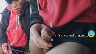 Gay Asian twink Jon Arteen wanks outdoor winter risky, ruined orgasm, big cumshot cleans sperm thigh