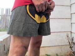 Desperate after nap piss outside close to neighbors wearing silky lounge shorts
