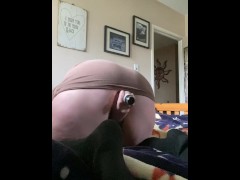 MILF sneaky  masterbates in room while Husband & friend garden by window, & cums quick