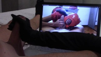 Handjob in gloves, while i'm watching one of my wife vids, with cumshot