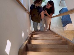 My girlfriend touches me on the stairs of our family home, we almost get caught!!