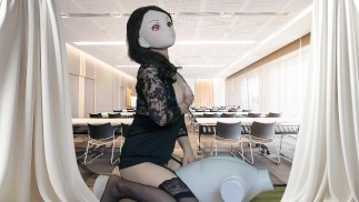 HENTAI Aibu. Konferenzraum. sexy Outfit. Mit einem Kissen masturbieren.