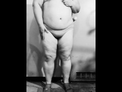 Chubby MILF strips naked in the basement, showing off her big ass and curvy figure