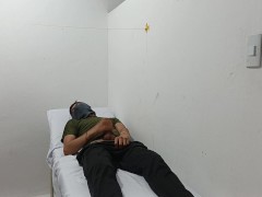 kinky doctor masturbates his cock in the office