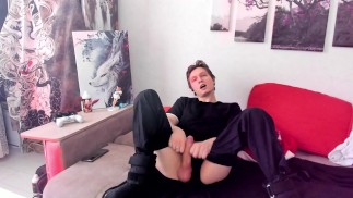 Cool stylish male masturbation. Handsome man fervently jerking a rock hard dick. Sexy wanking