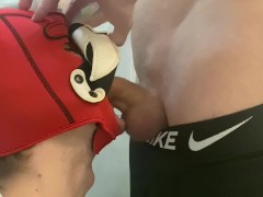Top fucks his bottom's puppy in the mouth, makes him choke on his cock and cums. Gagging big dick