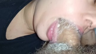 close up bubbling all his spit on the hard cock, fucking his deep throat