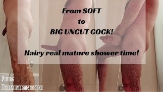 De polla blanda a dura y grande en la ducha! Maduro peludo real machacando su gran polla dura!