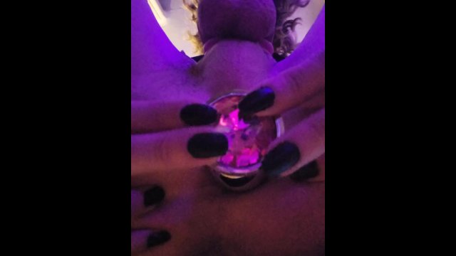 Sissy secretary in chastity cage plugging her ass
