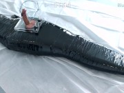 femboy in catsuit and thigh boots self mummified and CBT balls torture e-stimluation and cum