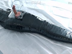 femboy in catsuit and thigh boots self mummified and CBT balls torture e-stimluation and cum