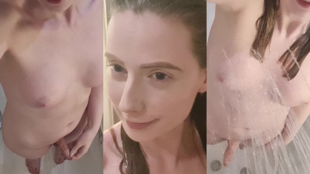 Busty TGirl Stroking in the Shower