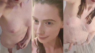 Busty TGirl Stroking in the Shower