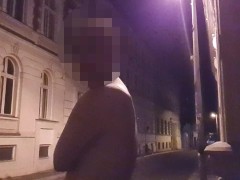 Walking fully naked far from clothes in the city and cumming