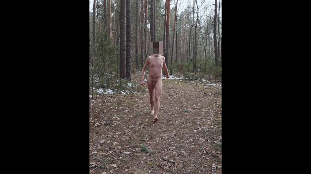 Naturist: Polish man walks through frozen forest (naked dick) - chubby European NAKED!!!